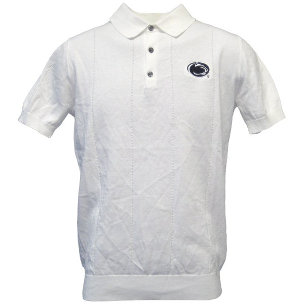 white cotton/silk polo shirt with embroidered Penn State Athletic Logo on left chest